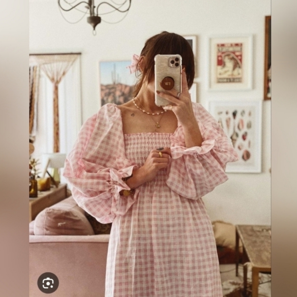 Sleeper liinen midi smocked dress pink gingham, small